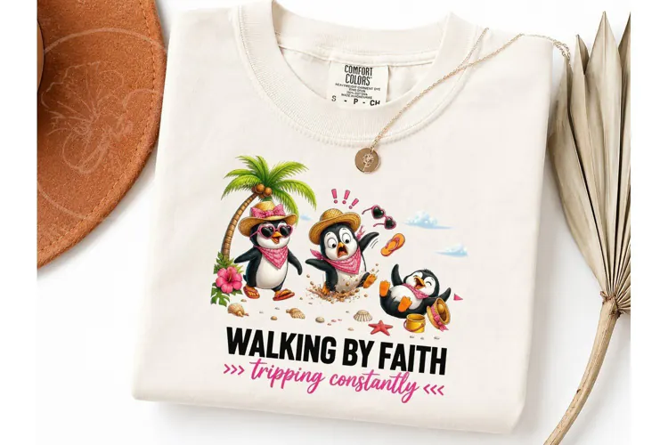 Walking By Faith Penguin Beach PNG Tee
