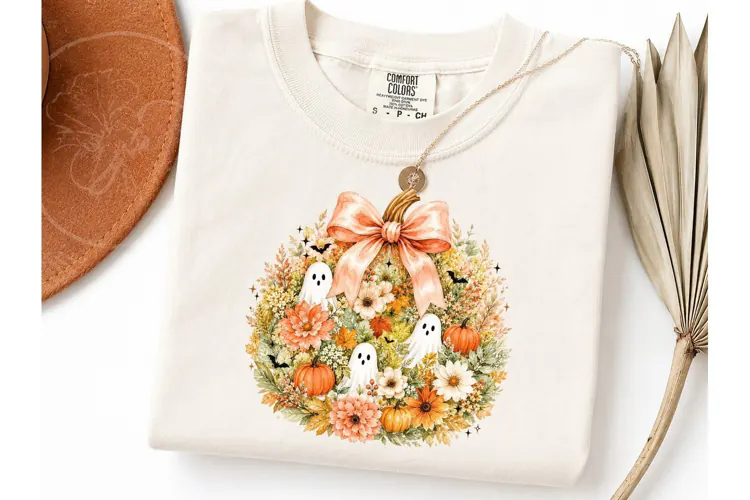 Halloween Ghost Floral Wreath PNG Tee