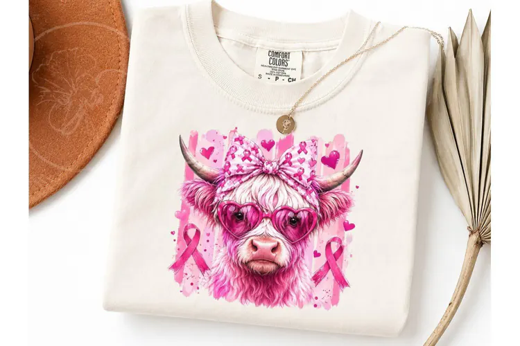 Pink Highland Cow Breast Cancer PNG Tee