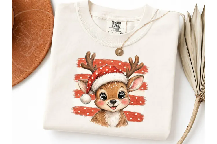Christmas Reindeer Santa Hat PNG Tee