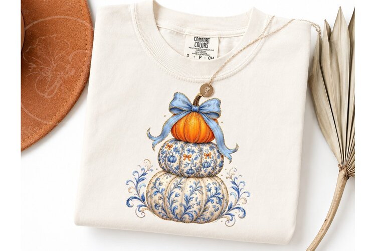 Stacked Pumpkin Blue Bow PNG Tee Design example image 1