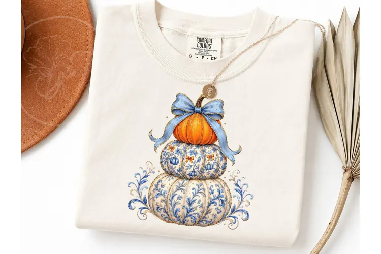 Stacked Pumpkin Blue Bow PNG Tee Design