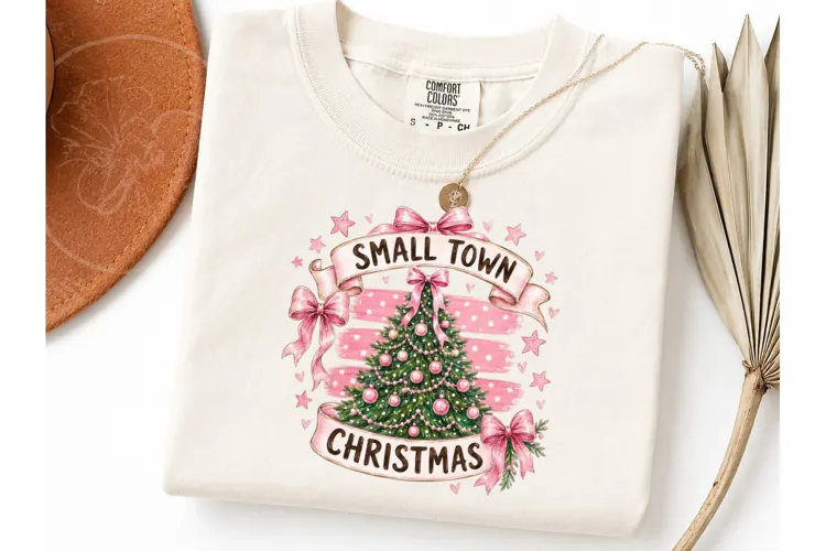 Small Town Christmas Pink Tree PNG Tee