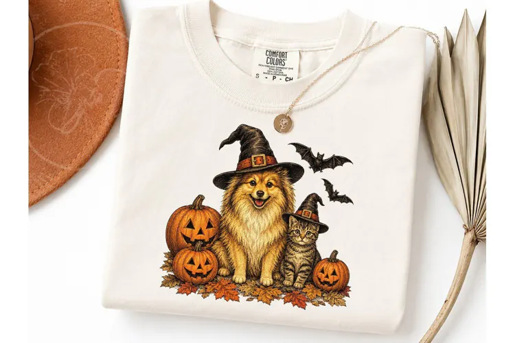 Halloween Dog Cat Witch Hat PNG Tee
