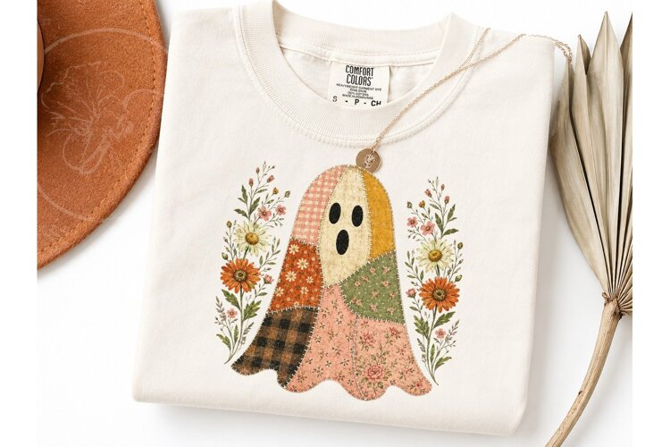 Patchwork Ghost Floral Halloween PNG Tee example image 1