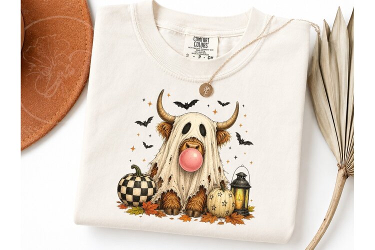 Halloween Highland Cow Ghost PNG Tee example image 1