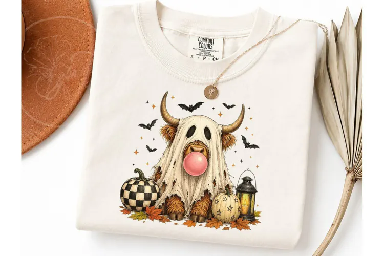 Halloween Highland Cow Ghost PNG Tee