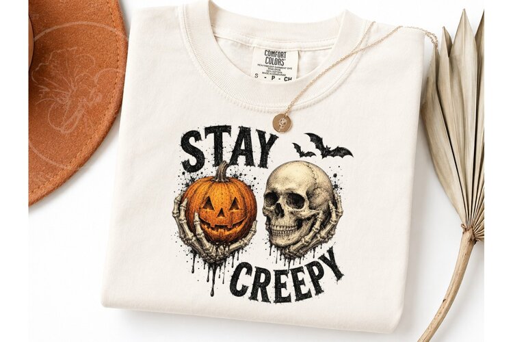 Stay Creepy Halloween Skull PNG Tee example image 1