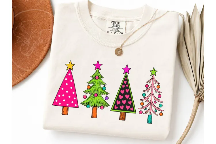 Colorful Christmas Trees PNG Shirt Desig