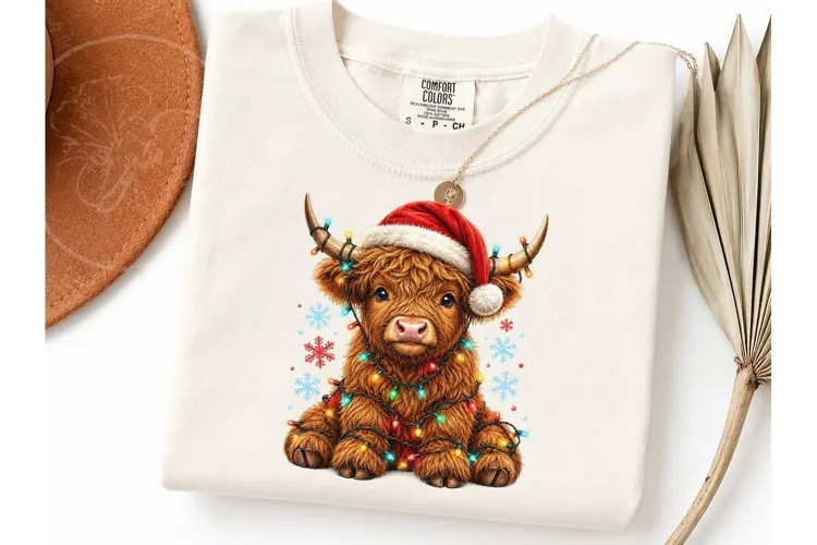 Christmas Highland Cow Santa PNG Tee