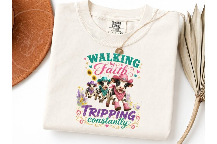 Walking by Faith Funny Cow PNG Tee example image 1