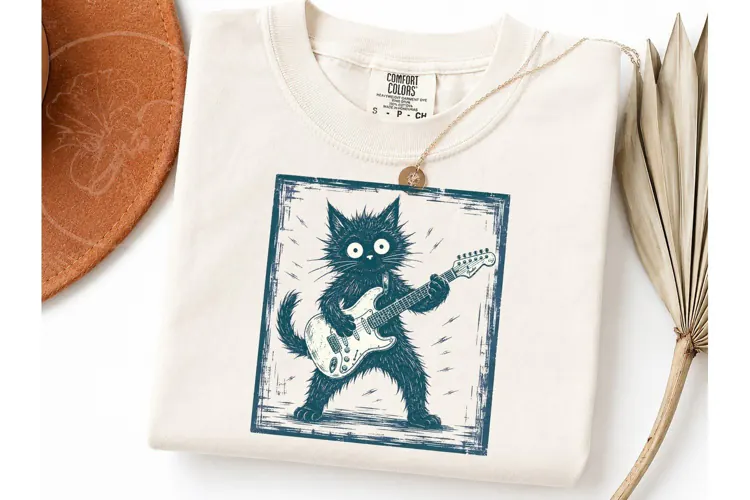 Crazy Black Cat Guitar PNG Shirt Design