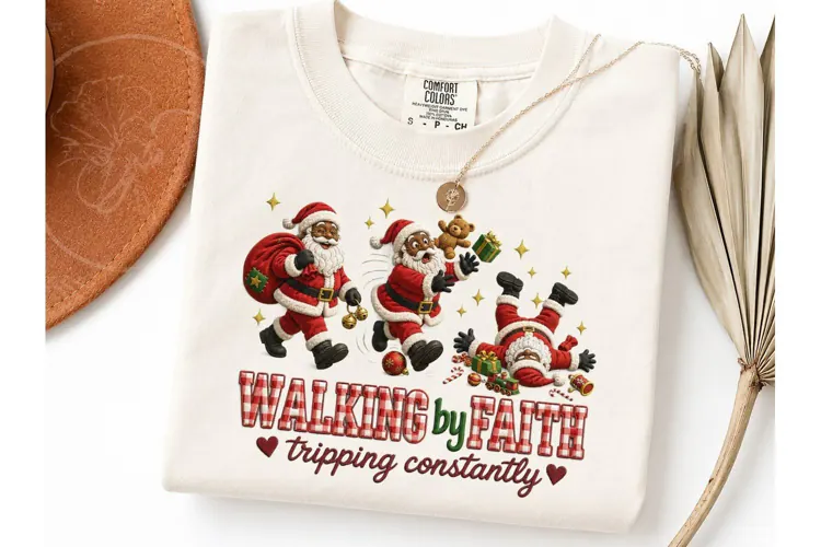 Walking by Faith Santa Christmas PNG Tee