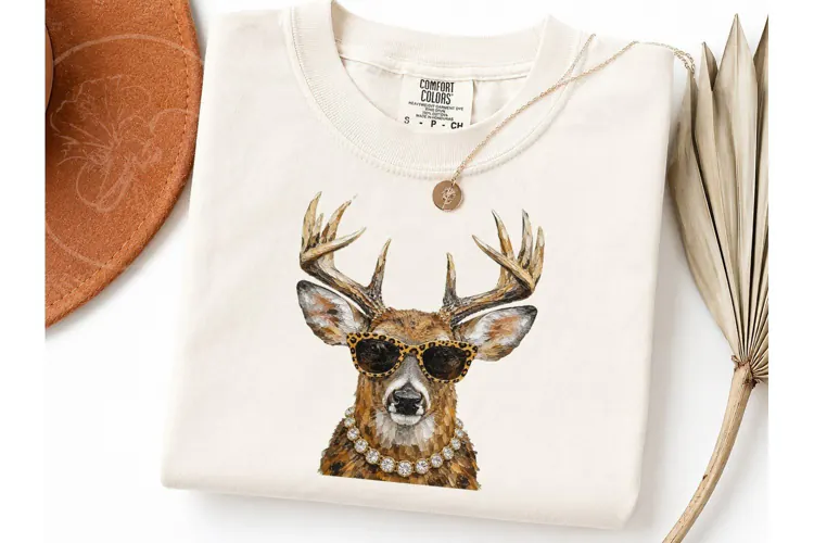 Glamour Deer Leopard Sunglasses PNG Tee