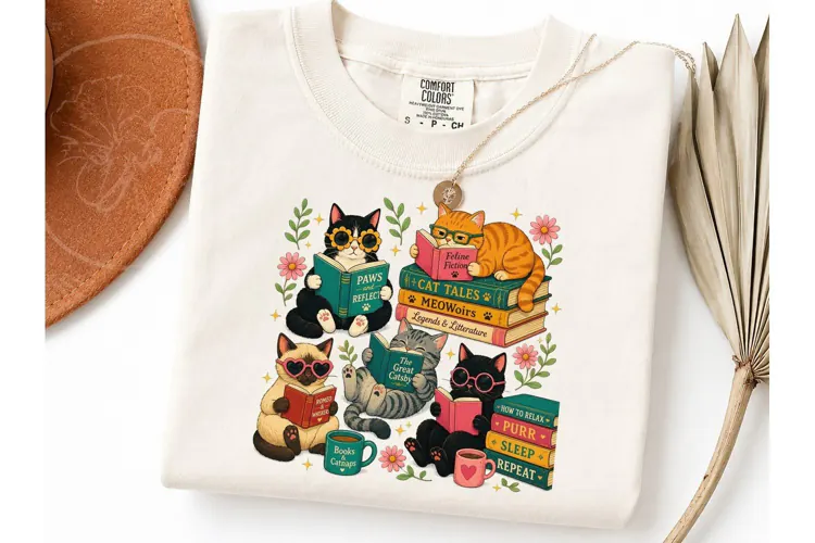 Bookish Cats Reading PNG Shirt Design