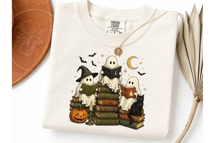 Halloween Ghost Reading Books PNG Tee