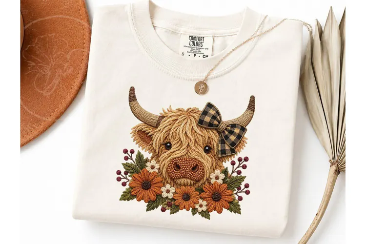 Highland Cow Fall Floral PNG Sublimation