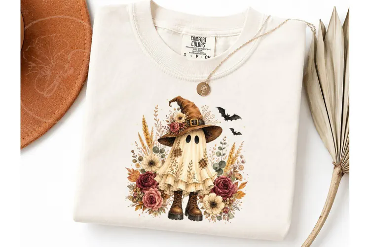 Boho Ghost Witch Floral Halloween PNG