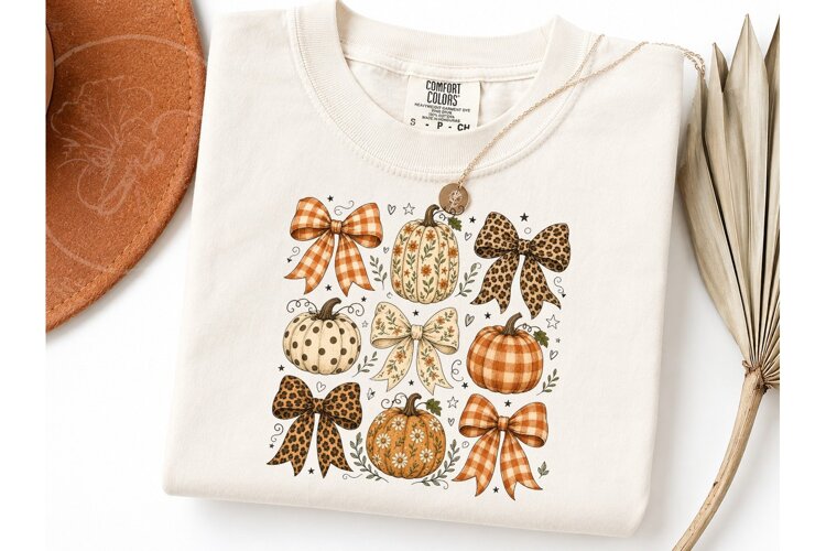 Fall Pumpkin Bows PNG Sublimation Tee example image 1