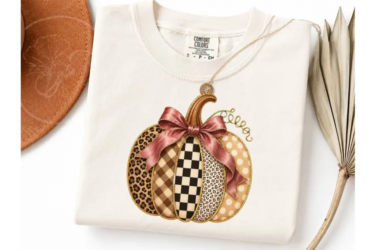 Patchwork Pumpkin Bow Fall PNG Sublimati