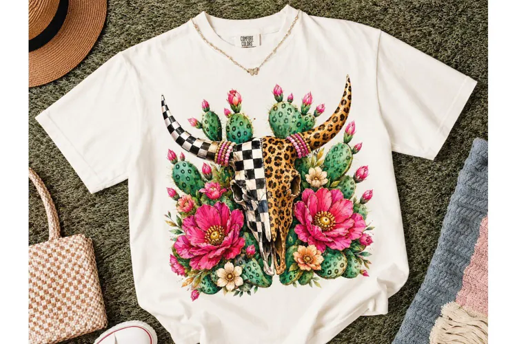 Boho Bull Skull Cactus Floral PNG Tee