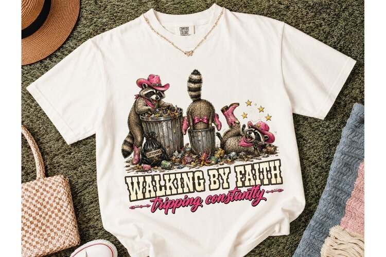 Walking By Faith Raccoon PNG Tee Design example image 1