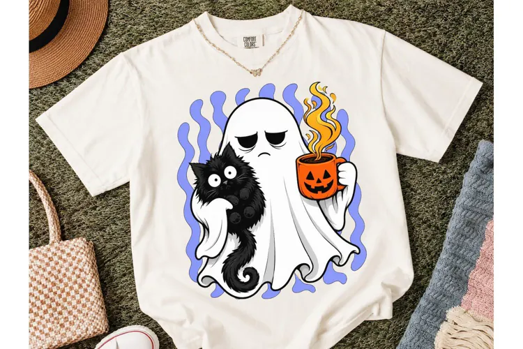 Ghost Cat Coffee Halloween PNG Tee
