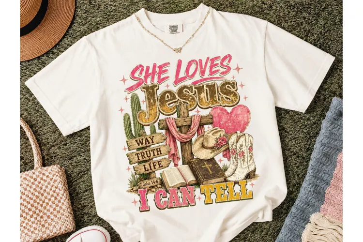She Loves Jesus Western PNG Tee Design