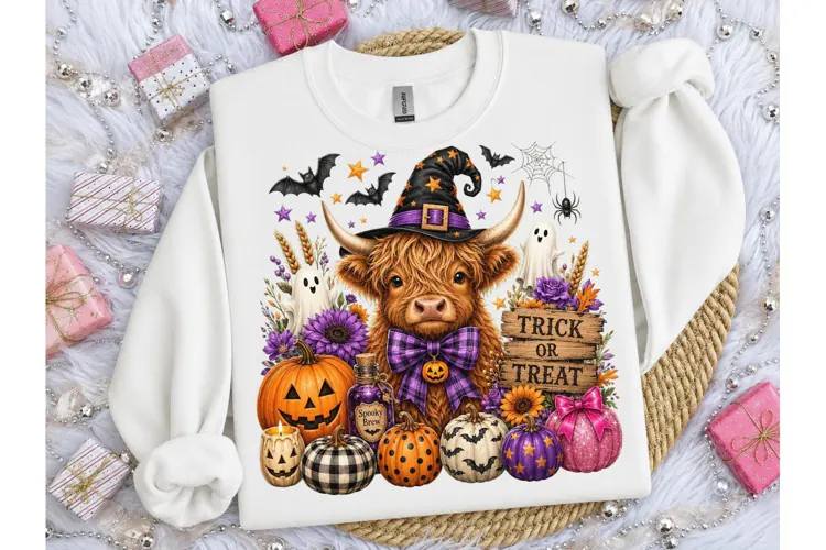 Halloween Highland Cow Witch PNG Tee