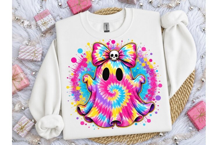 Tie Dye Ghost Bow Halloween PNG Shirt example image 1