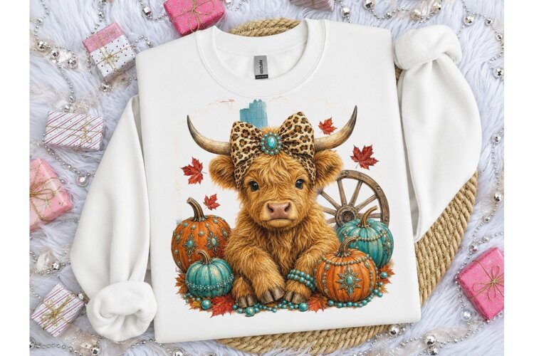 Highland Cow Fall Pumpkin PNG Sublimatio example image 1