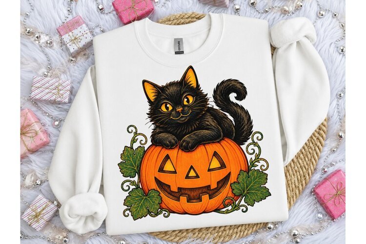 Black Cat Pumpkin Halloween PNG Tee example image 1