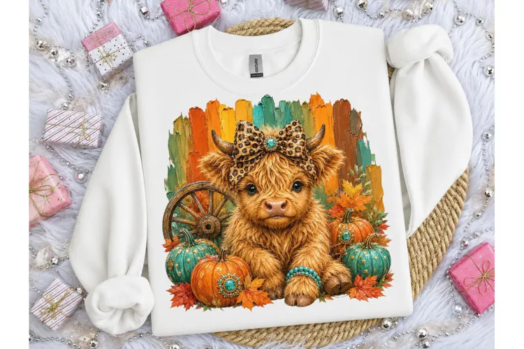 Highland Cow Fall Pumpkin PNG Sublimatio