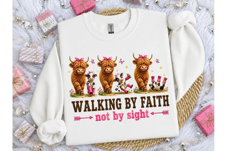 Walking By Faith Highland Cow PNG Tee