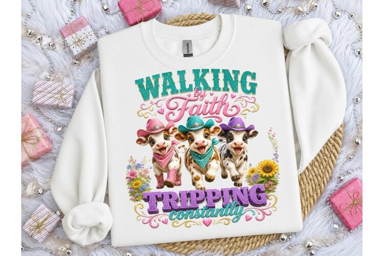 Walking by Faith Funny Cow PNG Tee example image 1