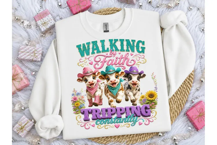 Walking by Faith Funny Cow PNG Tee