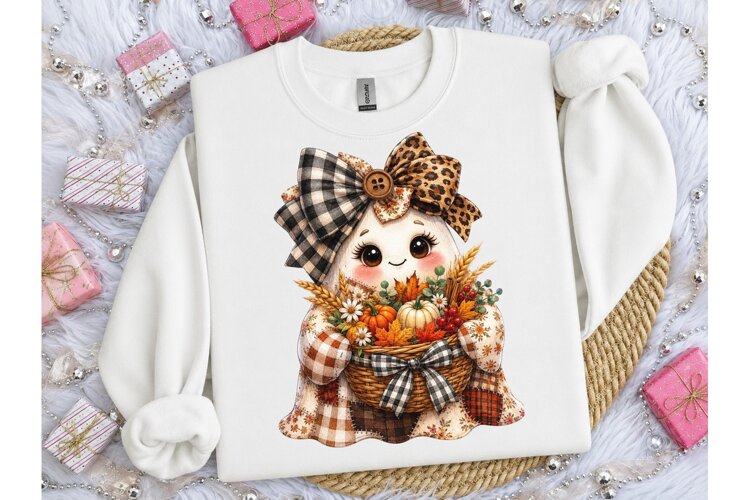 Fall Ghost Bow Basket PNG Sublimation Te example image 1