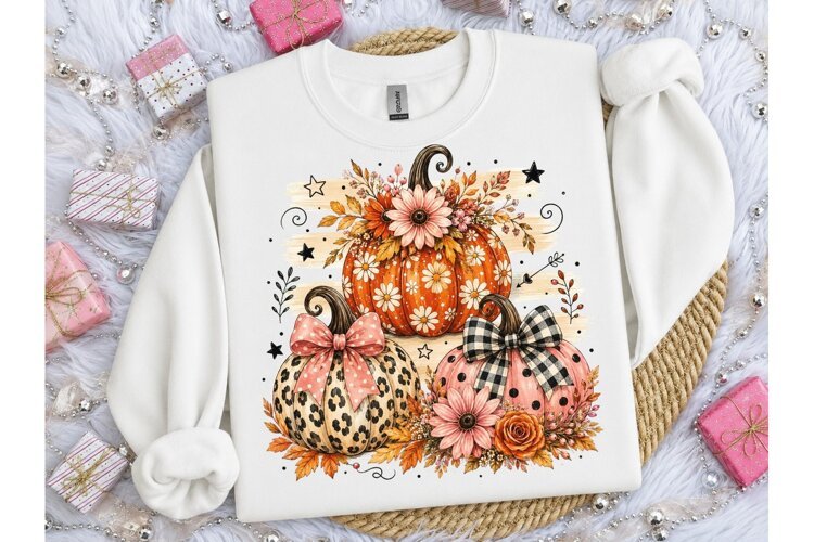 Fall Pumpkin Floral PNG Sublimation Tee example image 1