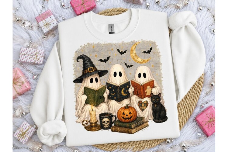 Ghost Reading Books Halloween PNG Tee example image 1