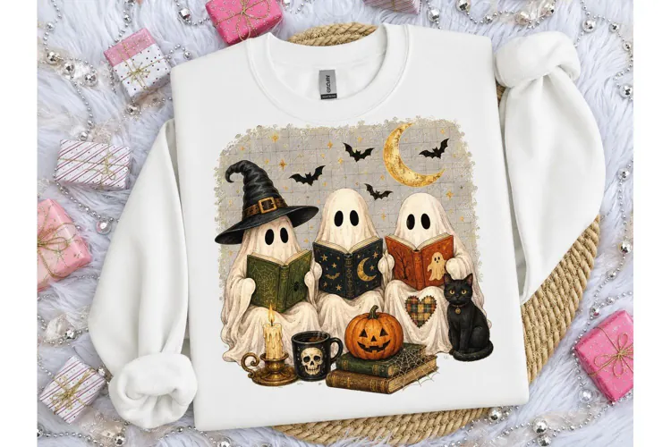 Ghost Reading Books Halloween PNG Tee