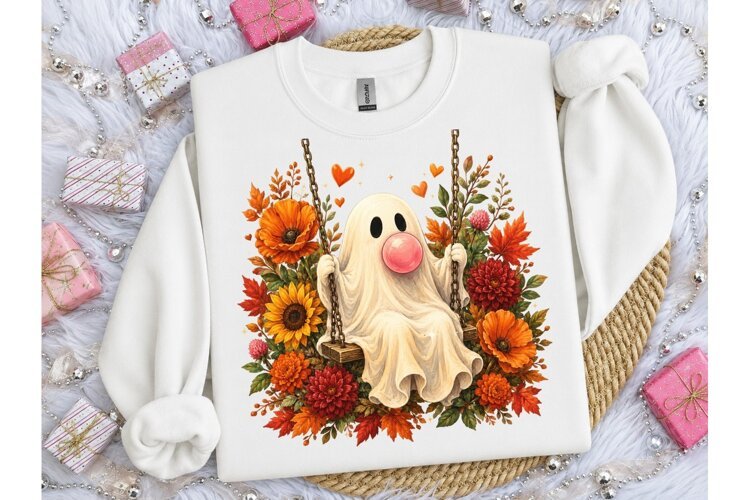 Floral Ghost Swing Halloween PNG Tee example image 1
