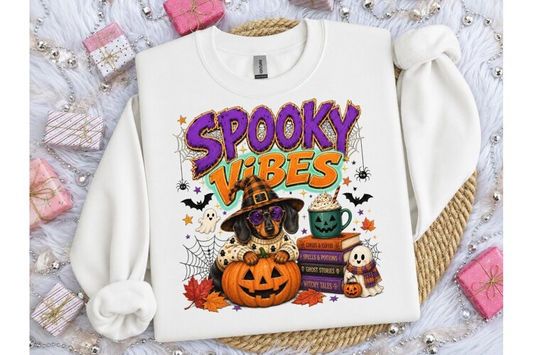 Spooky Vibes Dachshund Halloween PNG Tee example image 1