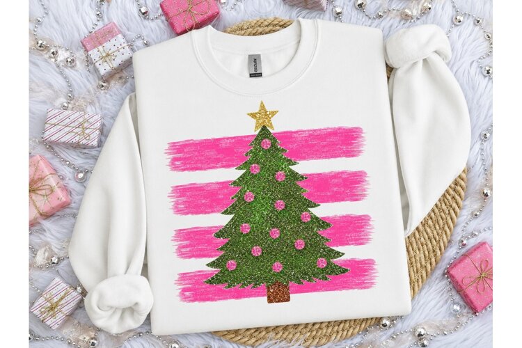 Pink Christmas Tree Glitter PNG Shirt example image 1