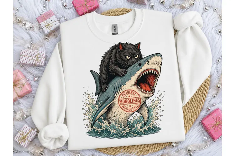 Black Cat Riding Shark PNG Vintage Tee
