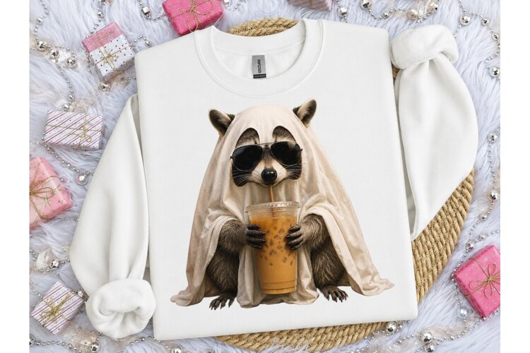 Ghost Raccoon Iced Coffee PNG Tee example image 1