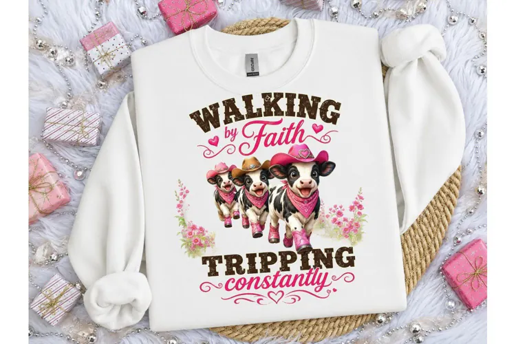 Walking by Faith Cowgirl Cows PNG Tee