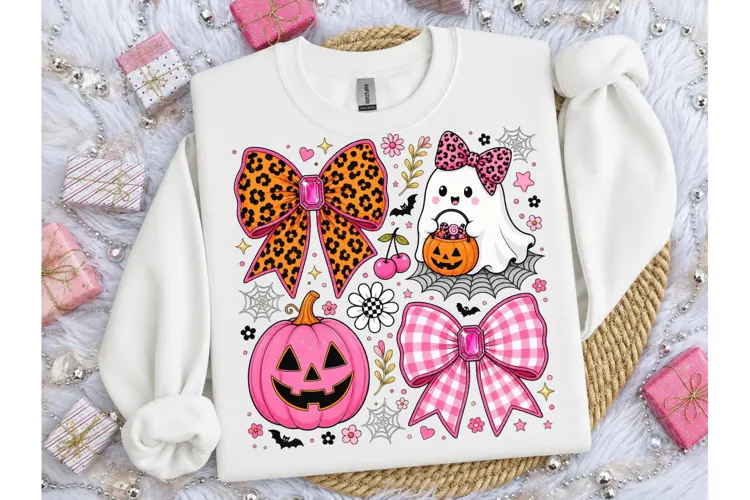 Pink Halloween Ghost Bow PNG Tee Design
