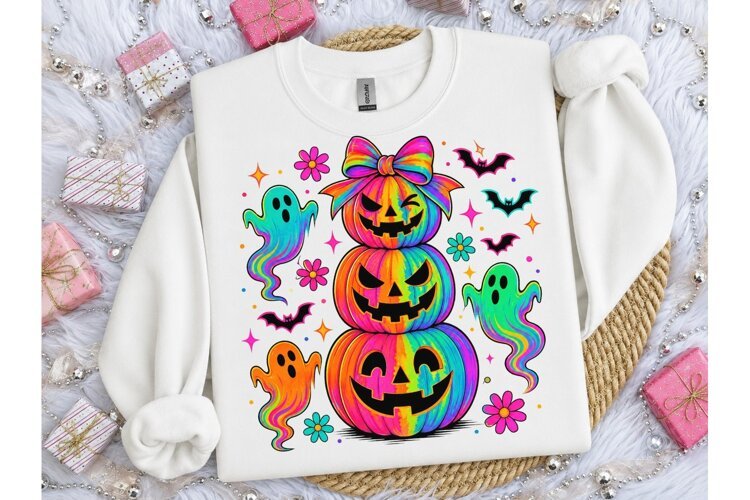 Neon Halloween Stacked Pumpkin PNG Tee-Neon Halloween Stacke example image 1