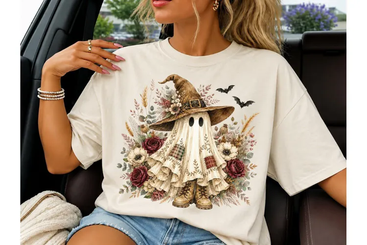 Boho Ghost Witch Floral Halloween PNG