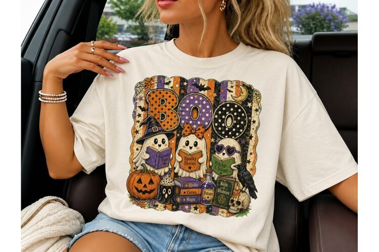 BOO Ghost Reading Books Halloween PNG example image 1